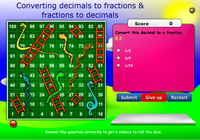 Converting decimals to fractions game for kids, how to convert decimals to fractions snakes and ladders game for children, fractions to decimals games for kids