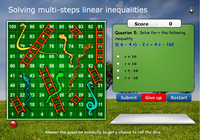 solving multi-steps linear inequalities game, snaques and ladders game on solving multi-steps inequalities with single variable