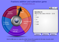 Adding and substracting fractions game, addition and subtraction of fractions with unlike denominators game for children, add and subtract fractions with like and unlike denominators game