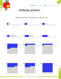Fraction identification worksheet, finding what fraction of the figure is colored 
