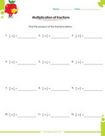 Multiplication of fractions worksheet. Calculating the product of two fractions.