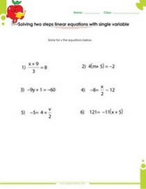 Solving linear equations with fractions worksheet, two step linear equations worksheet